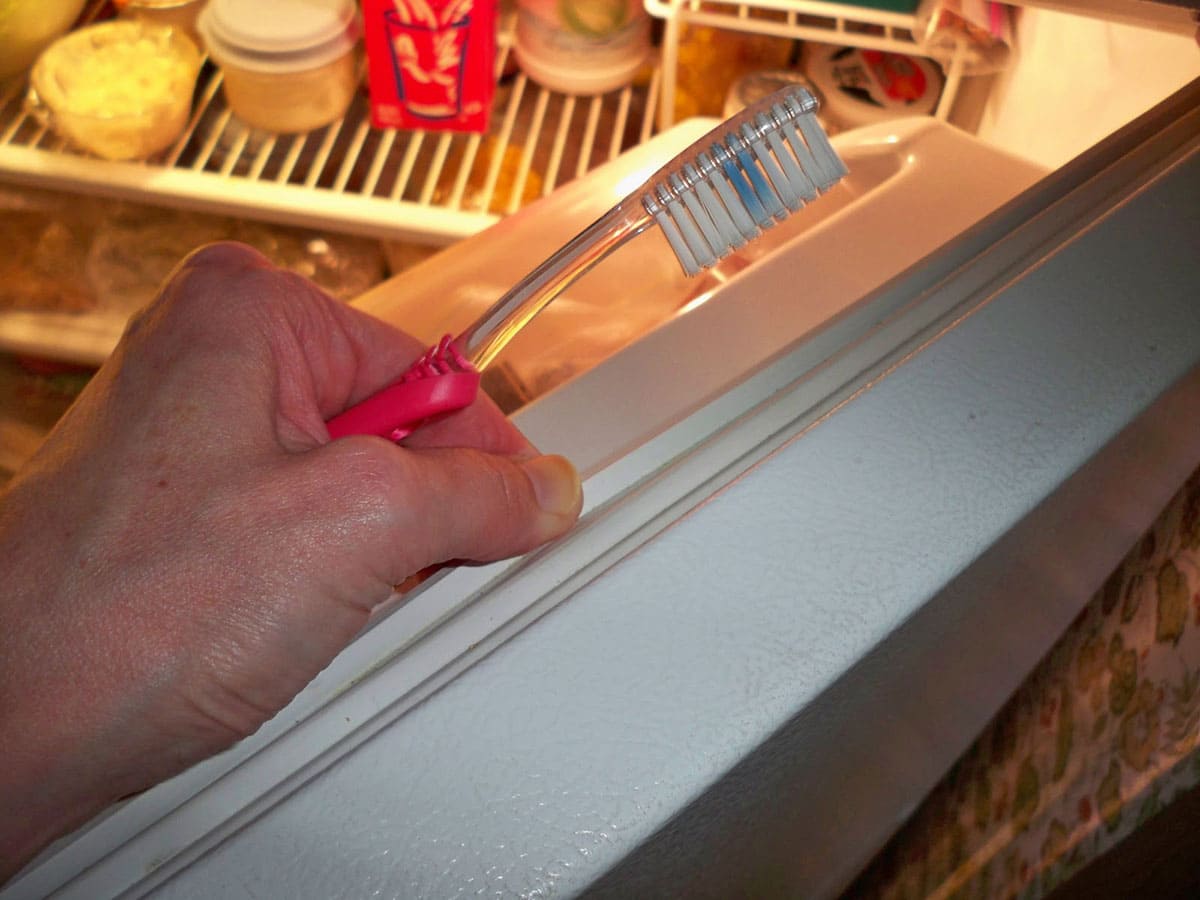 A hand holding a toothbrush and opening a refrigerator seal.