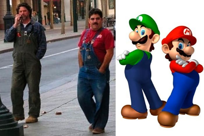 Two men dressed as Mario and Luigi 