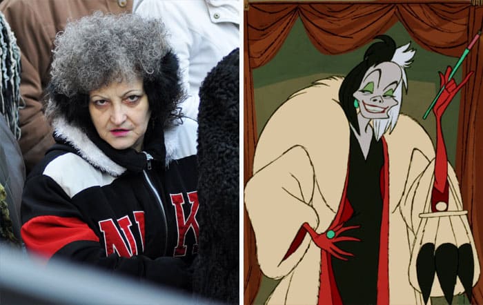 A woman looking like Cruella de Vil