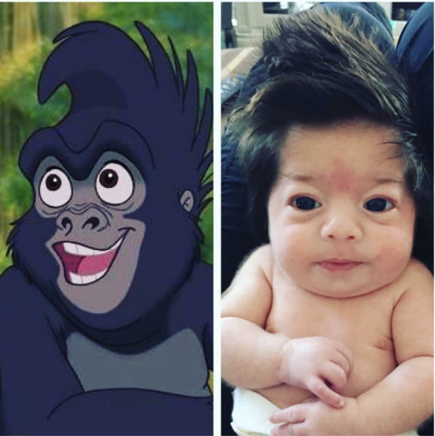A baby with a lot of hair and Terk from Tarzan 