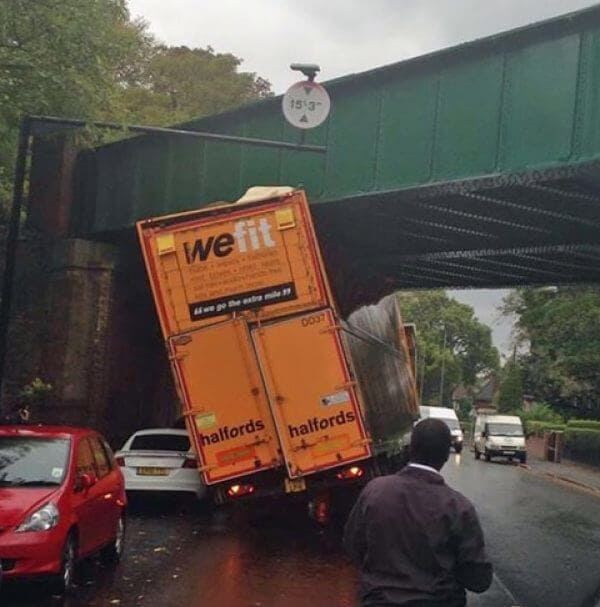Truck under a bridge