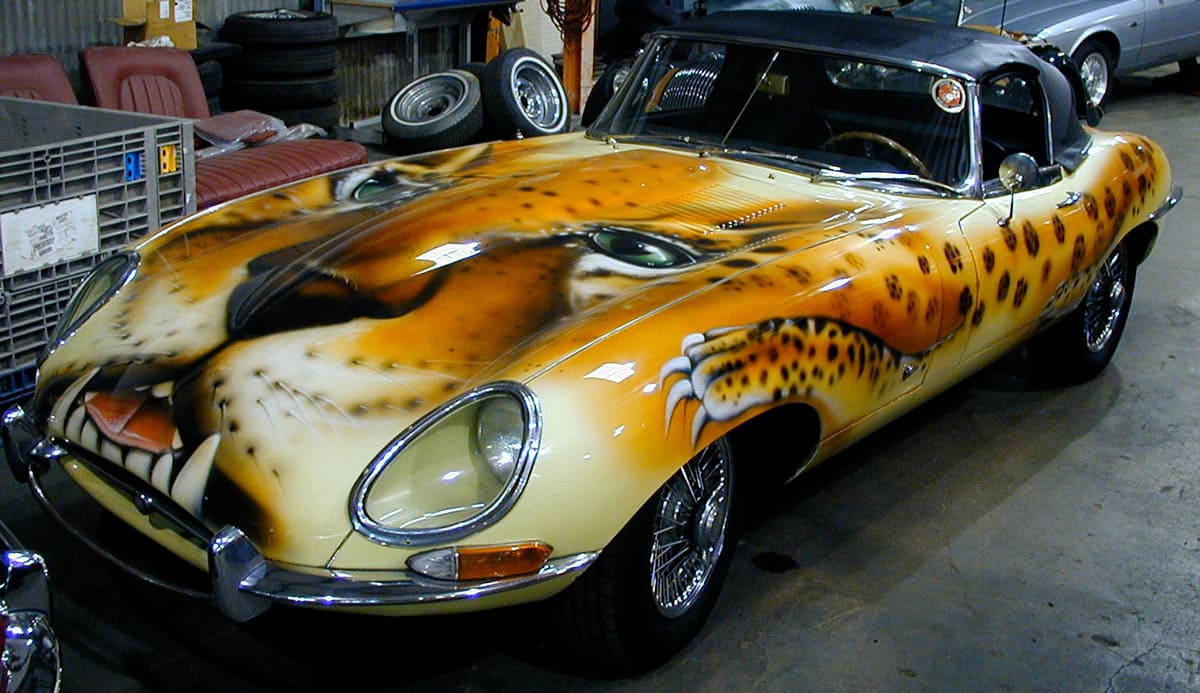 A leopard body on a classic car