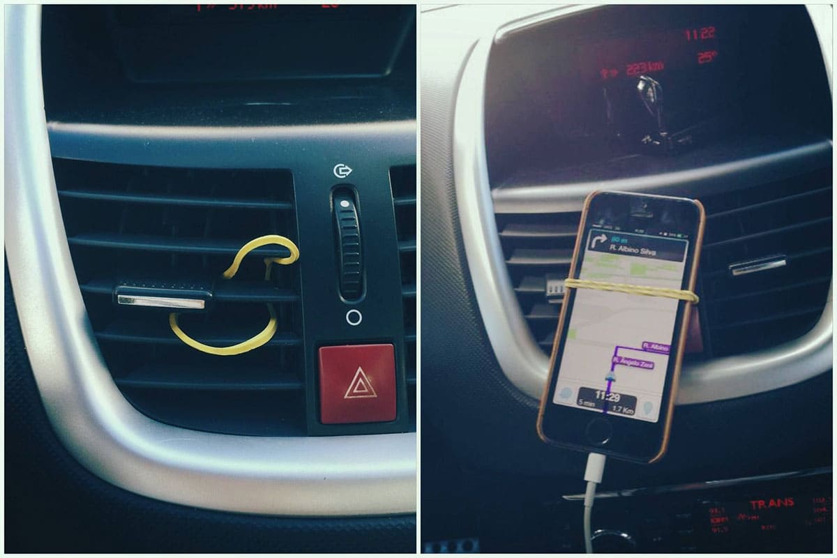 Rubber bands as a DIY phone holder in the AC vent