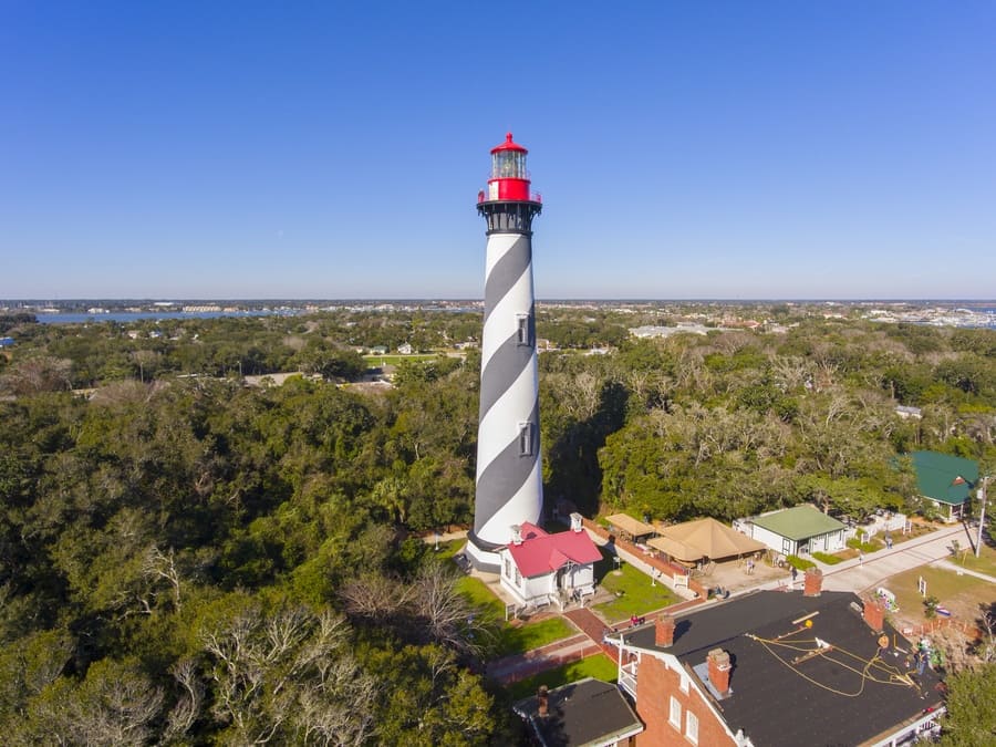 t. Augustine Lighthouse aerial view. This light is a National Historic Landmark on Anastasia Island in St. Augustine, Florida, USA.