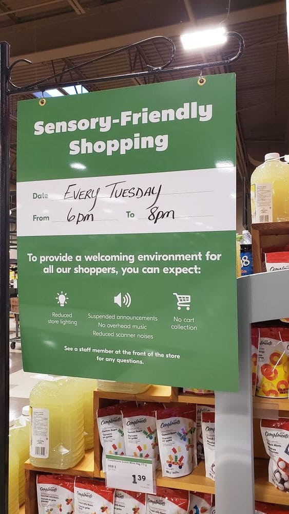 Sign in a grocery store that reads “Sensory-friendly shopping”