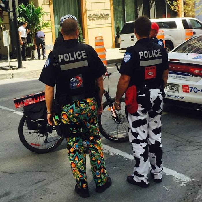 Police officers wearing colorful pants 