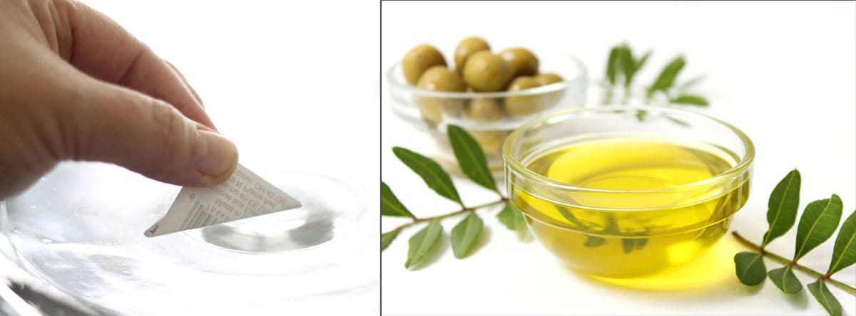 Pictured left is olive oil, green leaves and olives on the table, and on the right is a sticker easily peeling away after being soaked. 