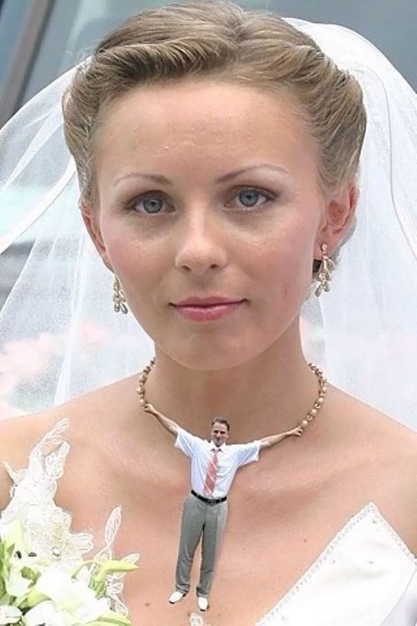 photoshopped man as a bride’s necklace 