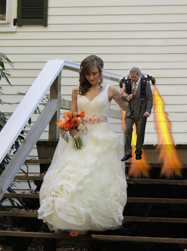 bride walking down next to a photoshopped man