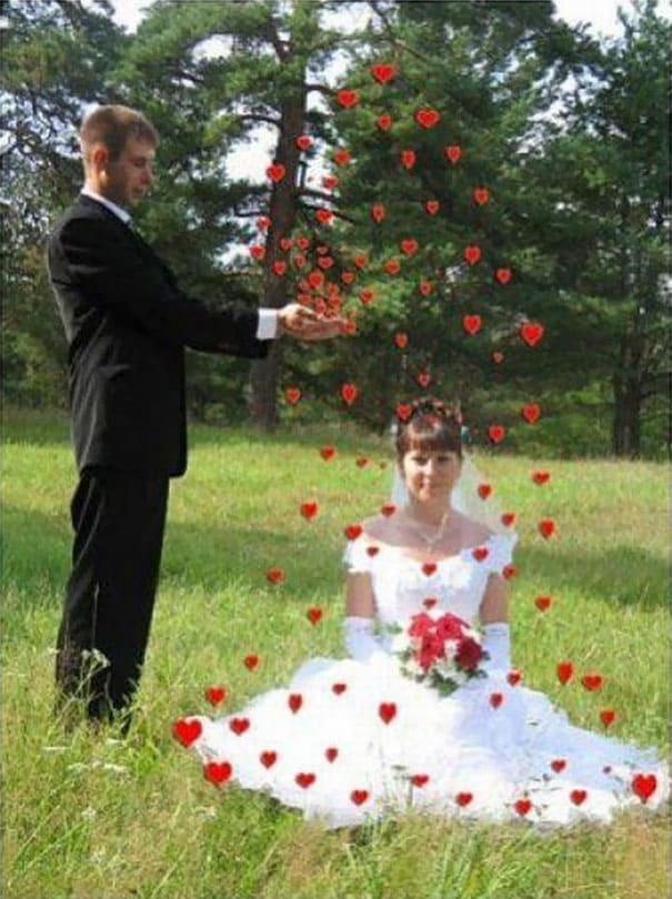 photoshopped image of man giving hearts to his bride