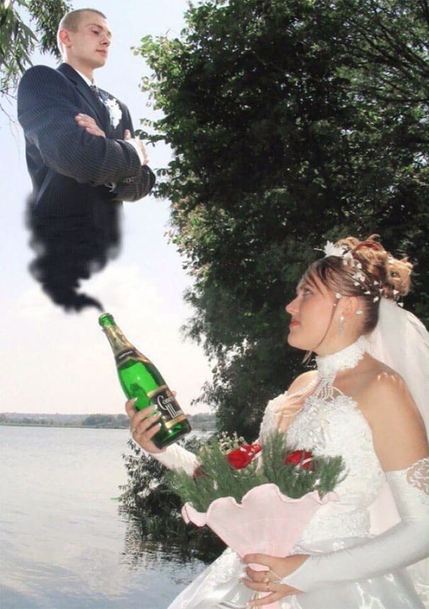 photoshopped image of groom coming out of a bottle of champagne 
