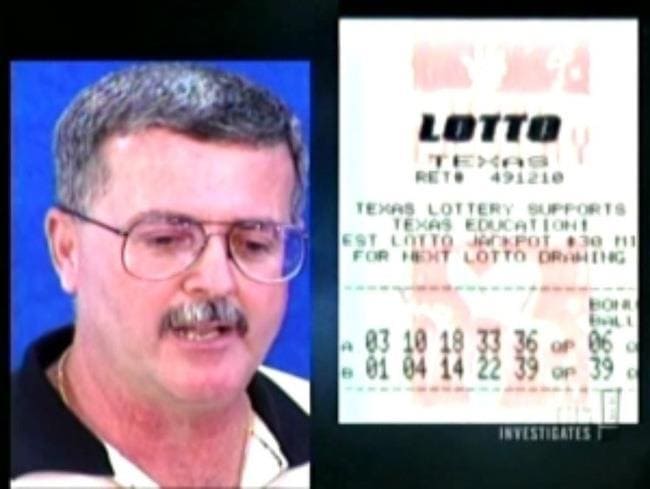 A portrait of Billie Bob Harrell next to a photo of his winning 'Texas Lotto' lottery ticket.