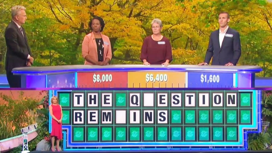 Wheel of Fortune puzzle reading “TH_ Q_ _STION R_ _ _INS”