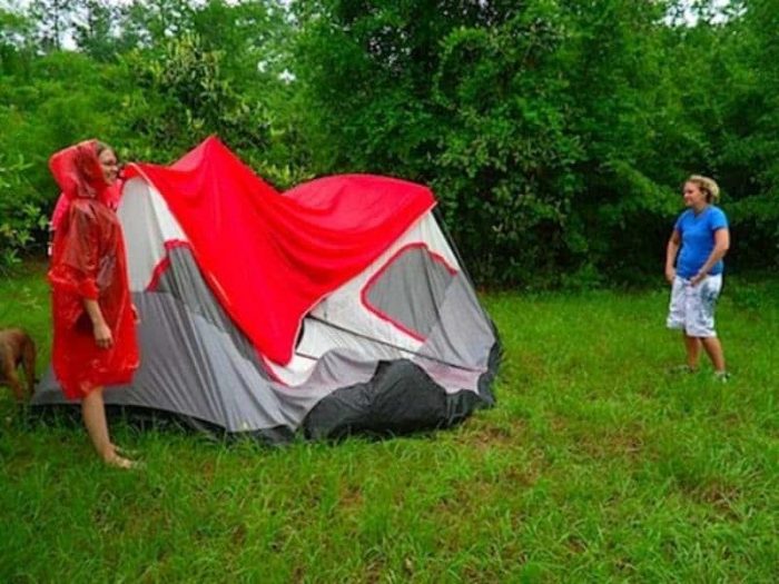 Two women and a poorly constructed tent