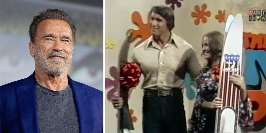 Arnold Schwarzenegger today in a blue blazer. / Arnold and Amanda Jones are standing with skis on the game show. 