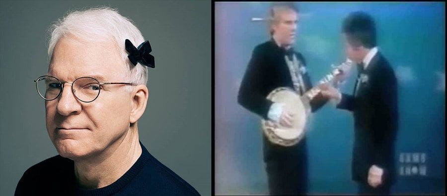 Steve Martin with a small black bow in his hair. / Steve Martin was playing the banjo with the host of The Gong Show.