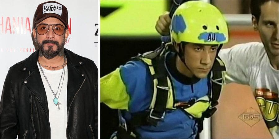A.J. McLean was posing at a theater opening in Las Vegas. / A.J. McLean was wearing a helmet and gear on the show Guts. 