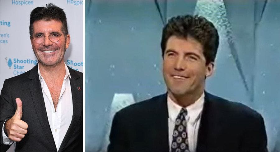 Simon Cowell is smirking with him, showing a thumbs up. / Screenshot of Simon Cowell on the Sale of the Century gameshow. 