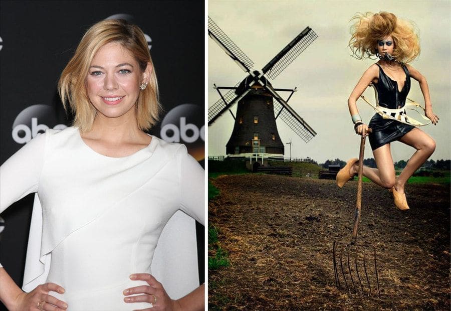 Analeigh Tipton is at an ABC event in Beverly Hills. / Analeigh Tipton is jumping with a pitchfork and a tight black dress with wooden clogs for a photoshoot on America’s Next Top Model. 
