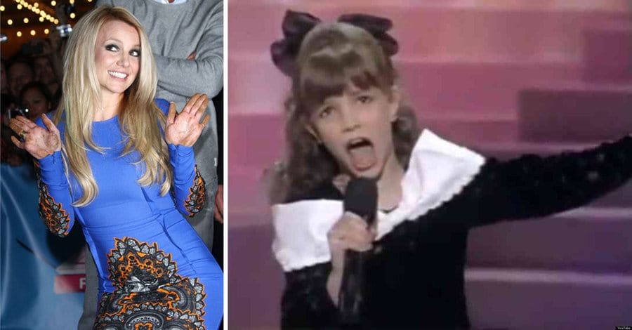 Britney Spears at the X Factor season 2 premiere. / Britney Spears as a young girl performing on the Star Search stage. 