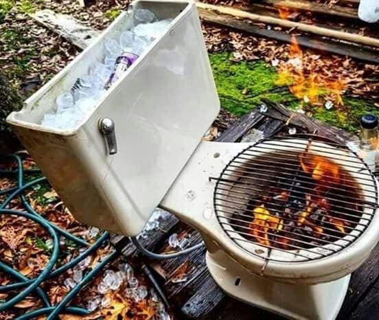 toilet being used as a grill and a cooler