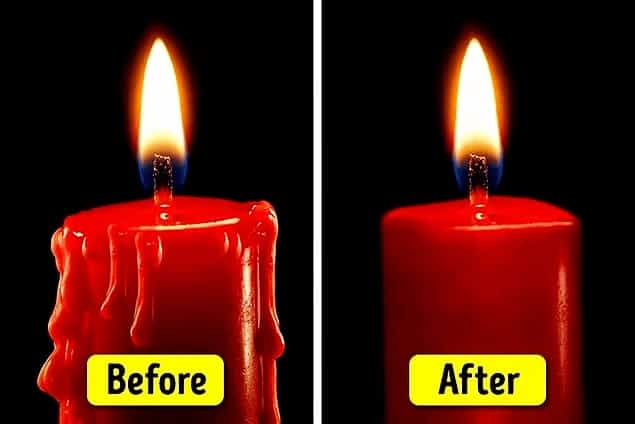 A regular candle is burning on the left, and a candle with salt burning on the right. 