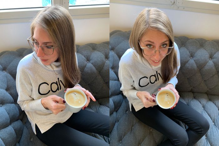 Me sitting on a grey sofa with a cup of coffee. In the left photograph looking down, and in the right photograph looking upwards.