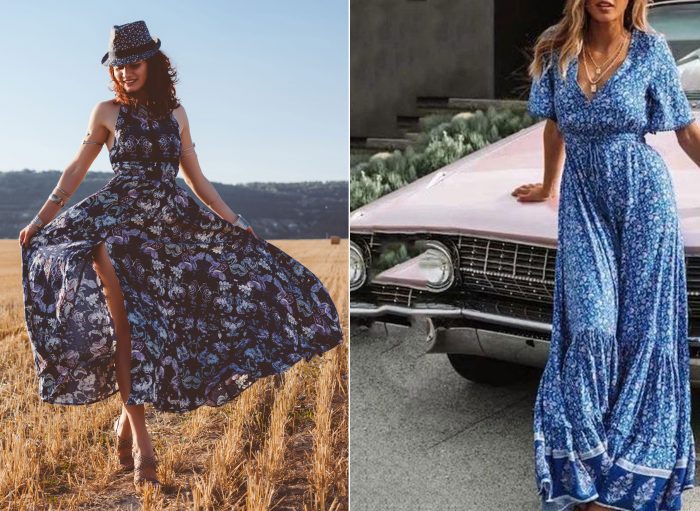 A woman wearing a floral summer cotton maxi dress in a field with a haystack. / A woman wearing a floral maxi skirt walking barefoot on the seashore. / A woman leaning on an older light pink car with a blue v-neck patterned maxi dress.