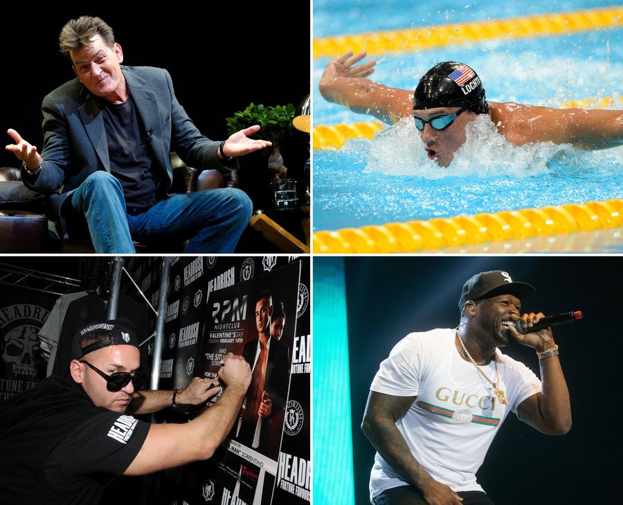 Charlie Sheen is being interviewed in front of an audience. / Ryan Lochte doing the butterfly stroke during the London Olympic games. / The Situation at an event in Las Vegas in 2012 with his hat on sideways. / 50 Cent performing at a concert in London with G Unit. 