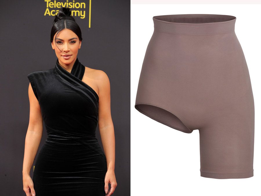 Kim’s Skims shorts with one leg. / Kim Kardashian at the Emmy Awards in a black one-sleeved dress. 
