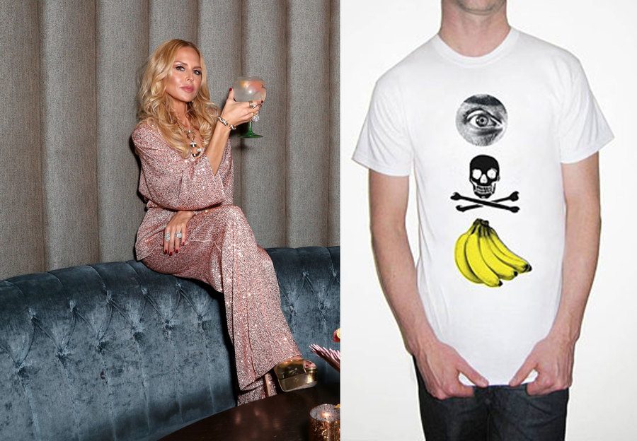 Rachel Zoe posing on a blue couch with a shiny pink dress on, with the Christopher Suave t-shirt with ‘eye’ ‘die’ ‘bananas’ on it. 