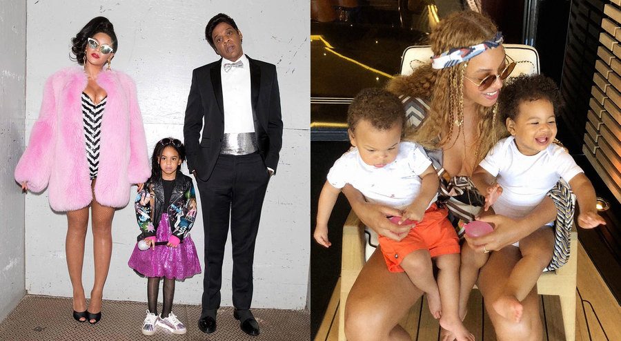 Beyoncé, Jay Z, and Blue Ivy dressed up and posing. / Beyoncé holding Rumi and Sir on her lap. 