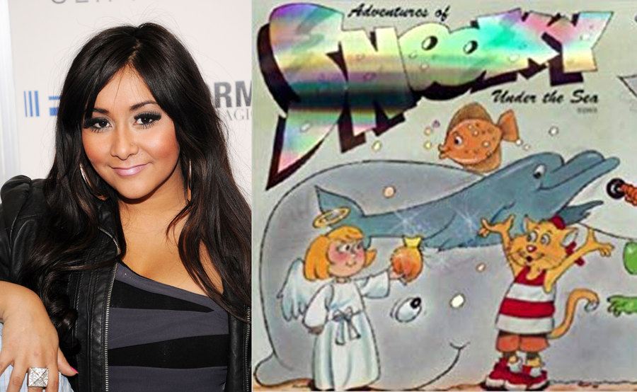 Snooki at a red carpet even in Las Vegas. / The cover of the children’s book ‘Adventures of Snooky: Under the Sea’ with an illustration of animals and a whale living under the sea. 