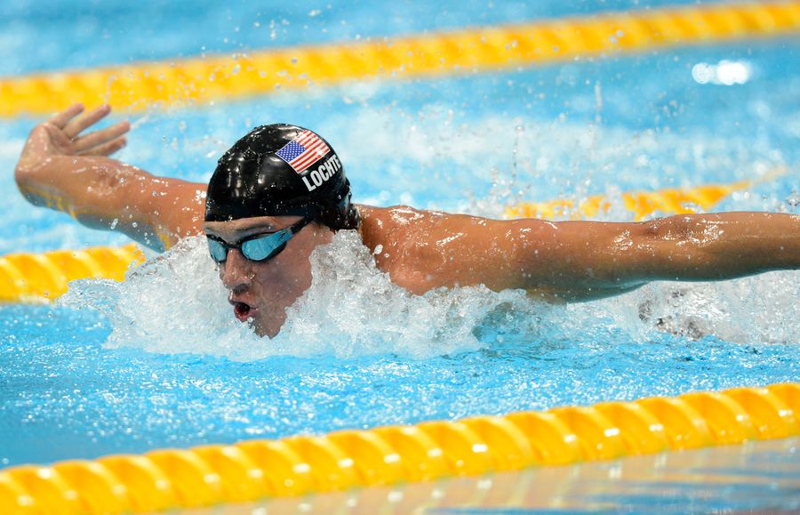 Ryan Lochte doing the butterfly stroke during the London Olympic games. 
