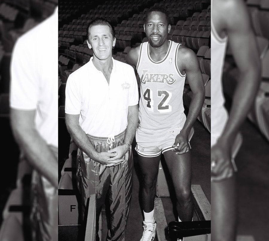 Pat Riley and Laker’s team member James Worthy before a dinner event. 