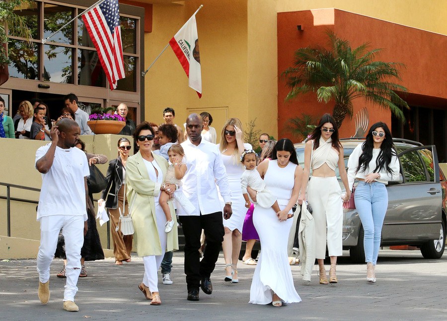 Kanye West, Kris Jenner, Penelope Disick, Corey Gamble, Kim Kardashian, North West, Kourtney, Kendall, Khloe, and Kylie arriving at church. 