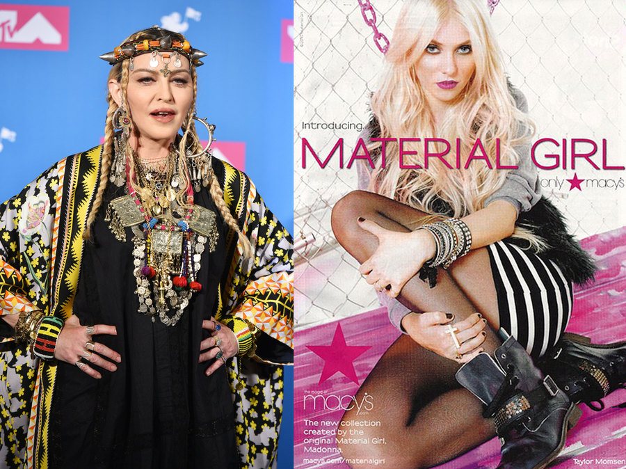 Madonna at the MTV Video Music Awards in 2018. / The Material Girl ad for Macy’s. 