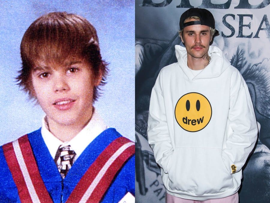 Justin Bieber’s yearbook photo in 2008. / Justin Bieber at the Seasons TV show premiere. 