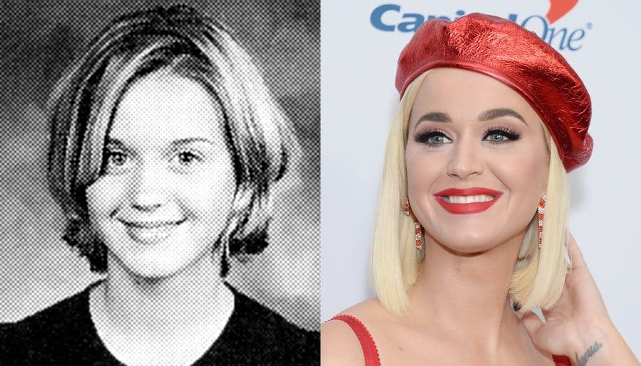 Katy Perry in her yearbook photo in 2000. / Katy Perry at an event in 2019. 