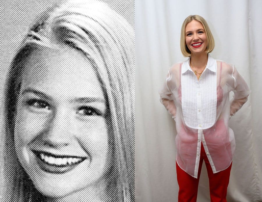 January Jones in her yearbook photo in 1996. / January Jones at an event in 2019. 