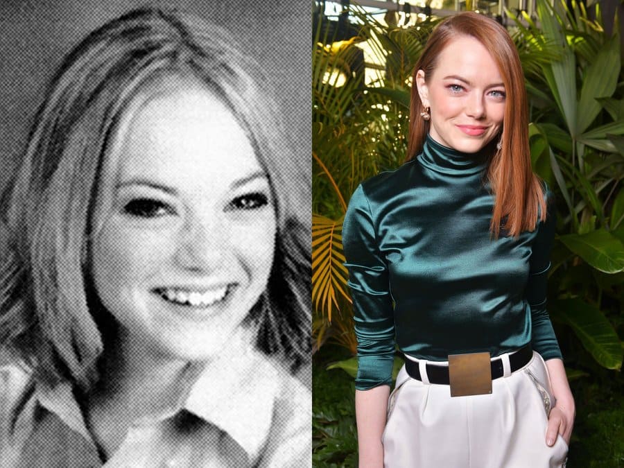 Emma Stone in her yearbook photo in 2003. / Emma Stone at an event in 2019. 