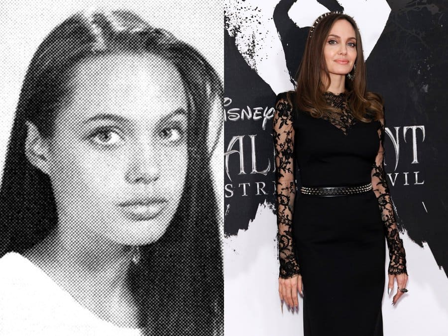 Angelina Jolie in her yearbook photo in 1991. / Angelina Jolie at an event in 2019. 
