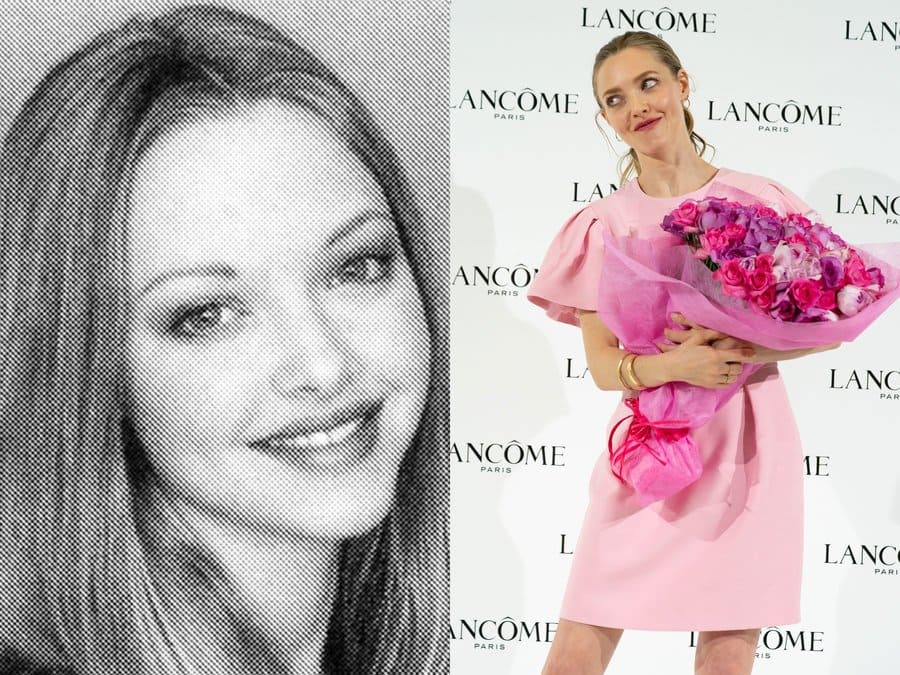 Amanda Seyfried in her yearbook photo in 1991. / Amanda Seyfried at an event in 2020. 