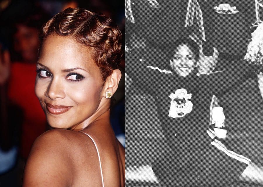 Halle Berry at the premiere of Introducing Dorothy Dandridge in 1999. / Halle Berry as a cheerleader with her pom poms doing a split. 