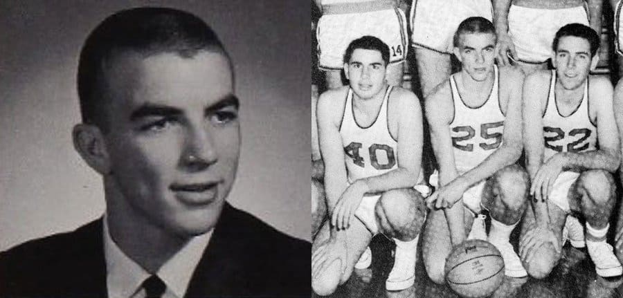 Tom Selleck’s yearbook photo from when he was on the varsity basketball team. / Tom Selleck with his team taking a knee. 