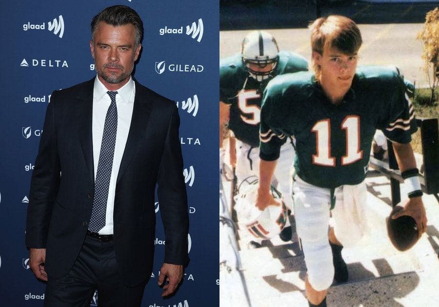 Josh Duhamel at the Annual GLAAD Media Awards in 2019. / Josh Duhamel in his number 11 jersey holding a football. 