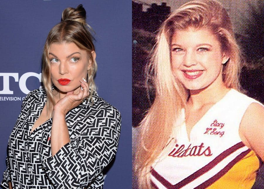 Fergie at the Fox Summer All-Star Party in 2018. / Fergie as a cheerleader in high school.