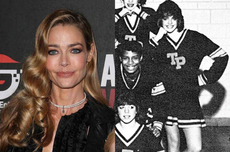 Denise Richards at the American Violence film premiere in 2017. / Denise Richards in her cheerleading uniform in high school. 