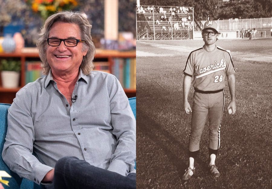 Kurt Russell on This Morning TV show in London, 2018. / Kurt Russell on the field in his baseball uniform. 