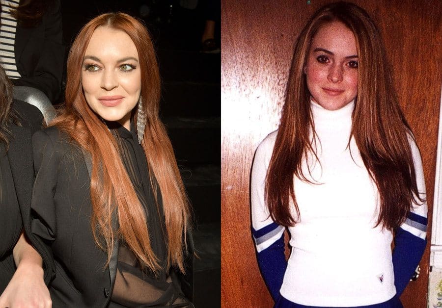 Lindsay Lohan sitting at Saint Laurent show Fall Winter 2019. / Lindsay Lohan as a cheerleader in high school. 